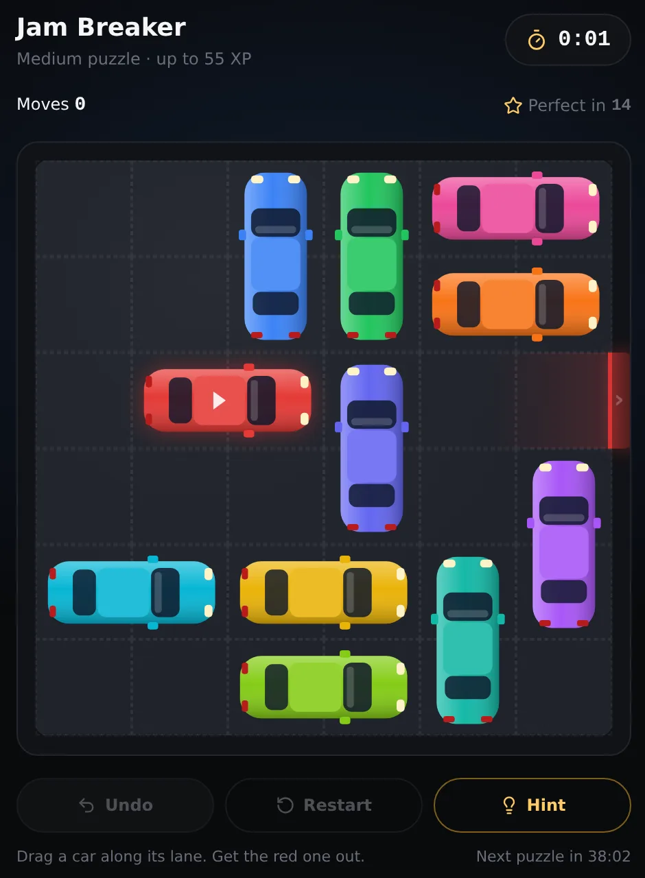 A Jam Breaker puzzle on Alex Play Zone: a 6 by 6 car park with the red car blocked from the exit on the right